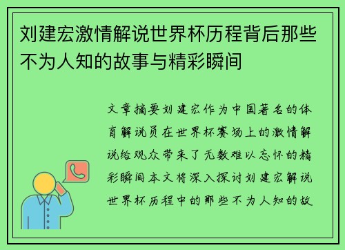 刘建宏激情解说世界杯历程背后那些不为人知的故事与精彩瞬间